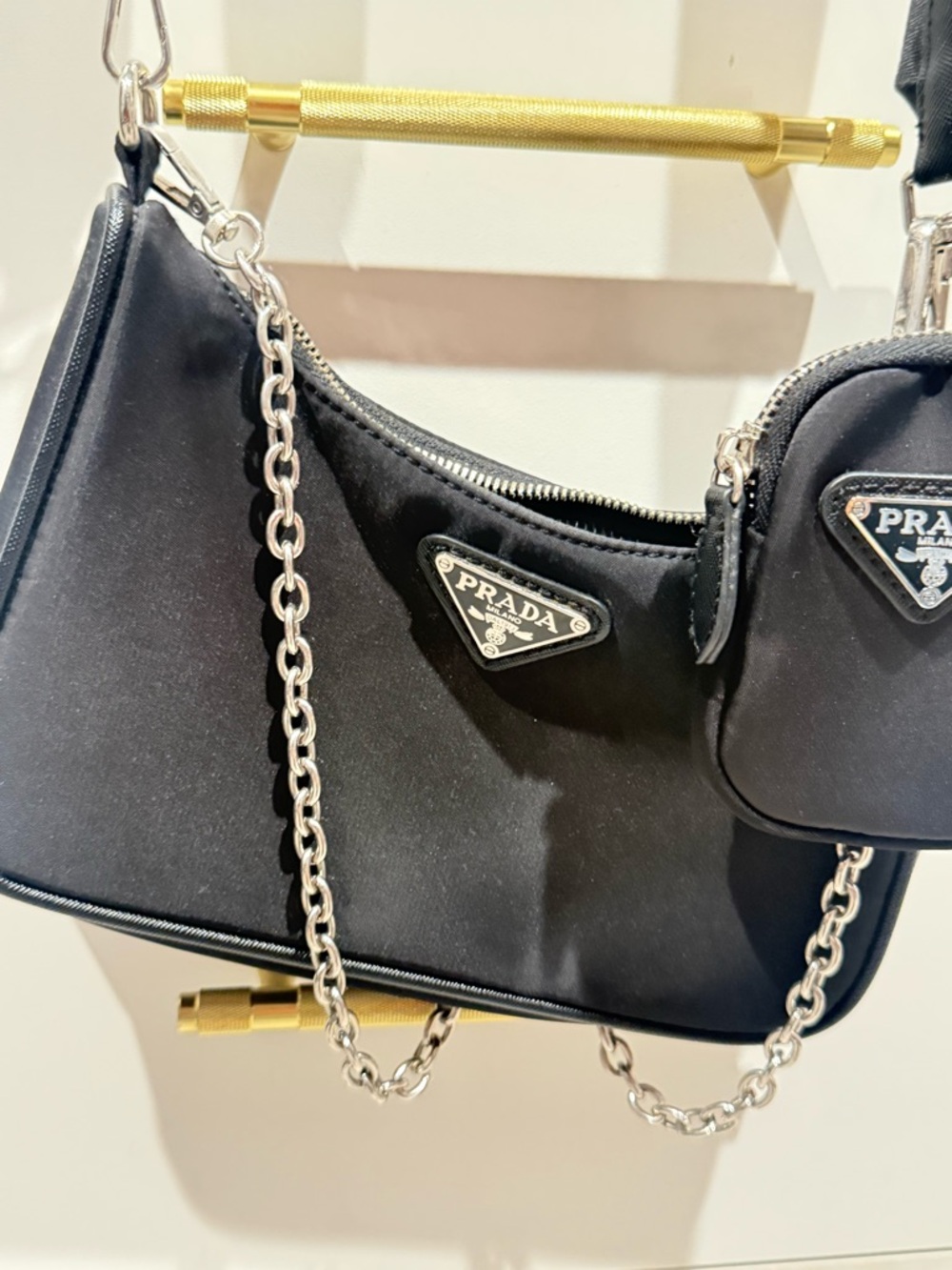 Black Nylon Shoulder Bag with Chain and Mini Pouch - Picture 3 of 10